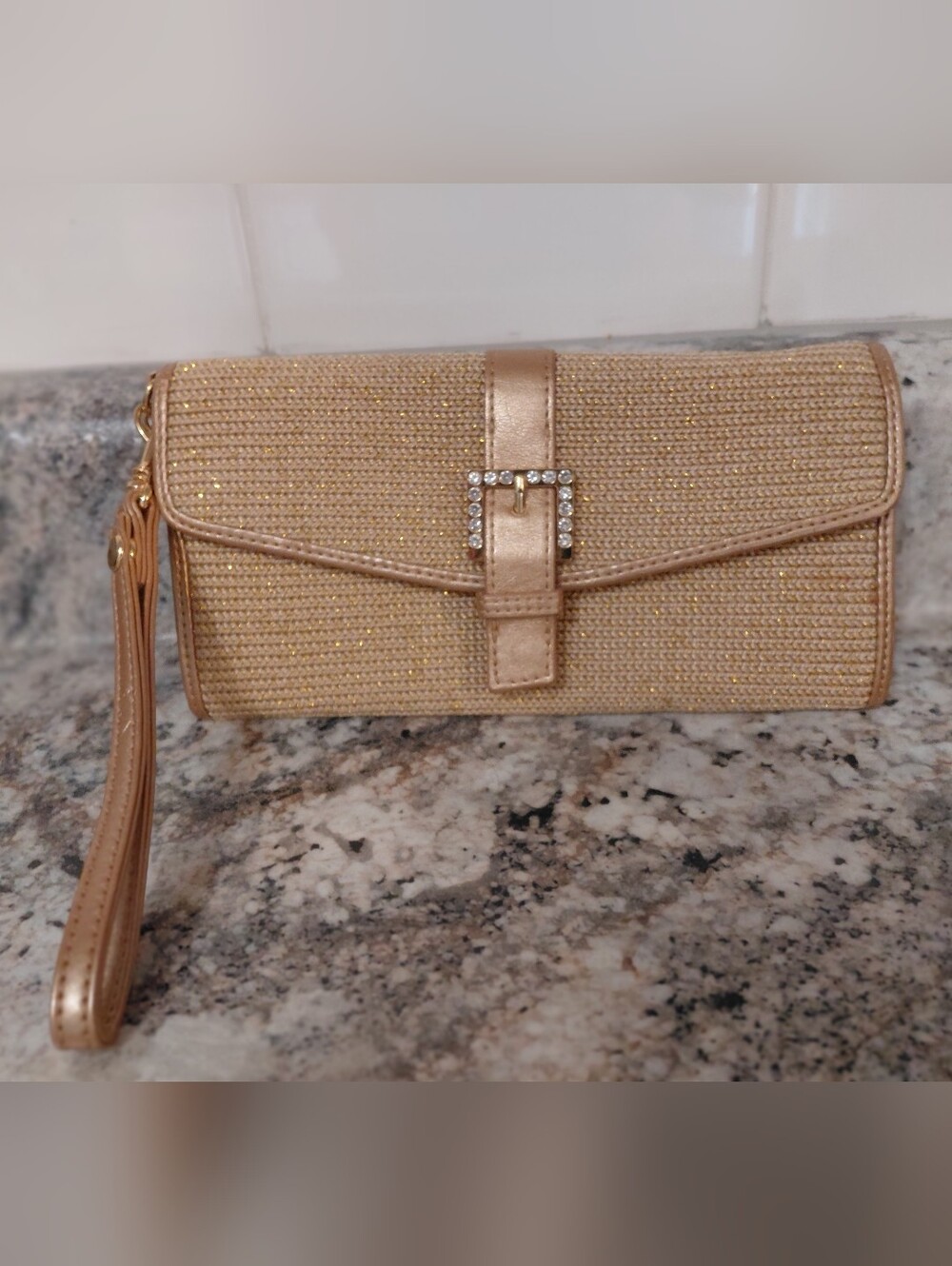 The Sak Gold Woven Clutch Wallet Wristlet with Rhinestone Buckle